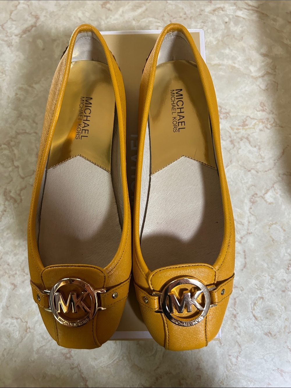 MICHAEL Michael Kors Mustard Yellow Leather MK Logo Loafers